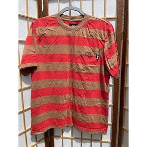 Stussy Striped Pocket T-Shirt Red Brown Size S Relaxed Cotton Crew Neck